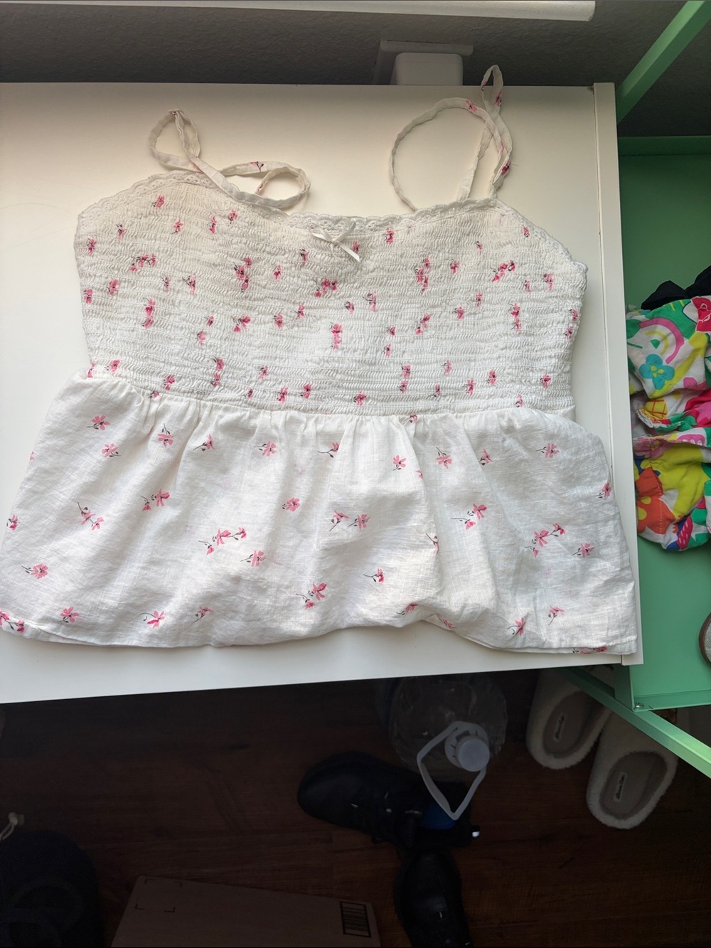 White Floral Smocked Spaghetti-Strap Girls' Top